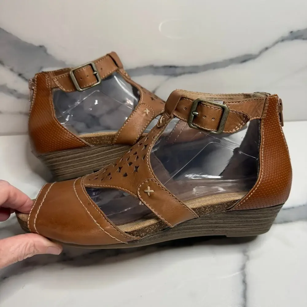 Earth Origins Wmns Tan Leather Hermia Wedge Sandals Sz 9.5 Festival Boho Comfort